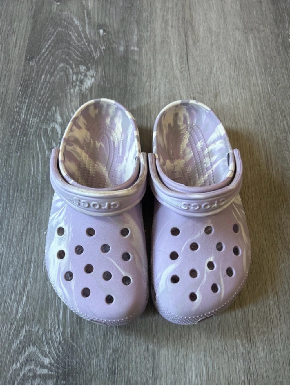 Crocs Purple, gray and white marbled Crocs Clogs